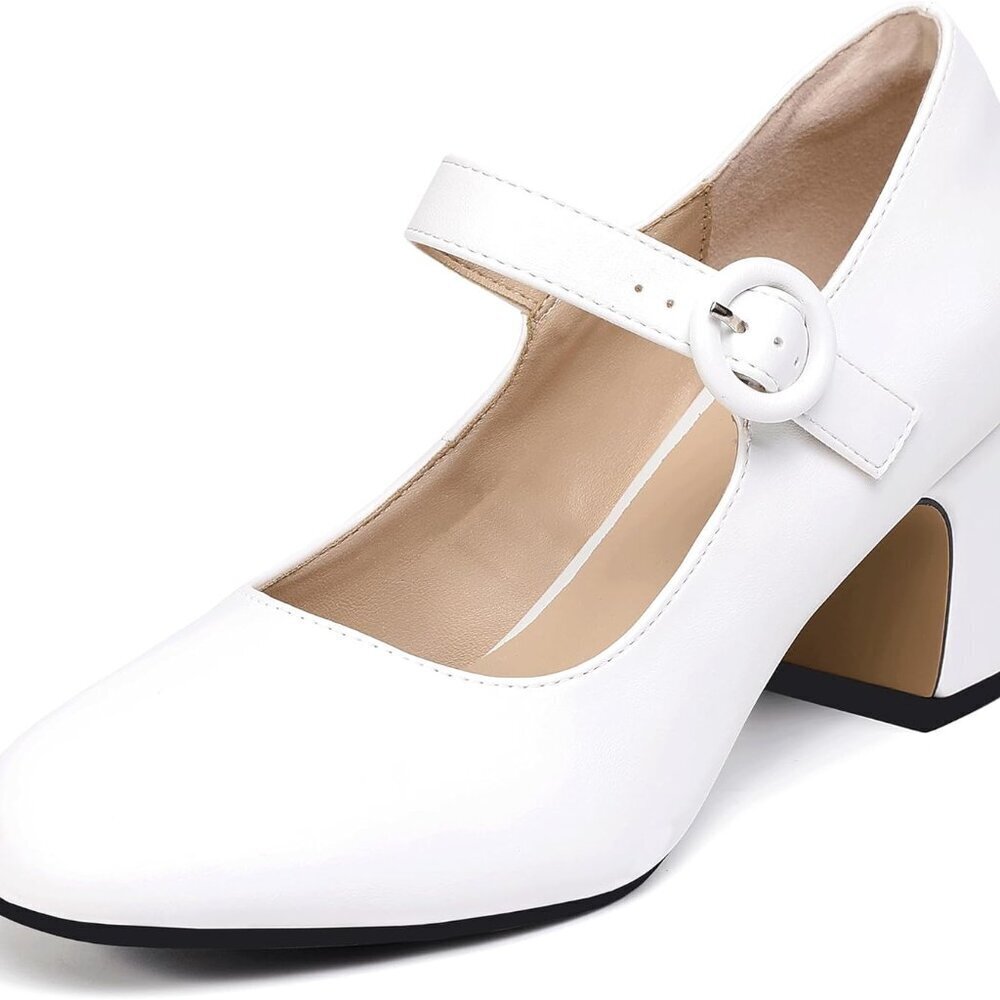 Women’s Mary Jane Pumps Leather 3 inch Chunky Block Heels Bridal Dress Shoes